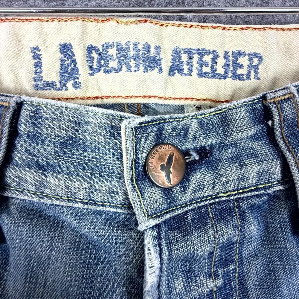 LA Denim Atelier Jeans Mens 34 Blue Denim Distressed Whiskers Low Rise Straight